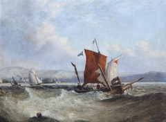 Cutter approaching the Remains of a Wrecked Ship, off a Coastal Town by Anonymous