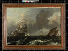 Een oorlogsschip en andere schepen op een woelig water by Ludolf Backhuysen II