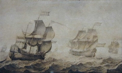 Een walvisvaarder en twee fluitschepen by Adriaen van Salm