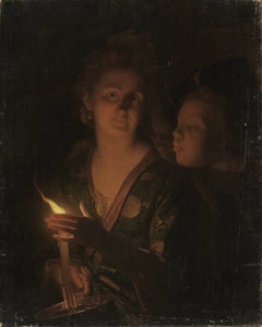 Ein Junge versucht einem Mädchen die Kerze auszublasen by Godfried Schalcken