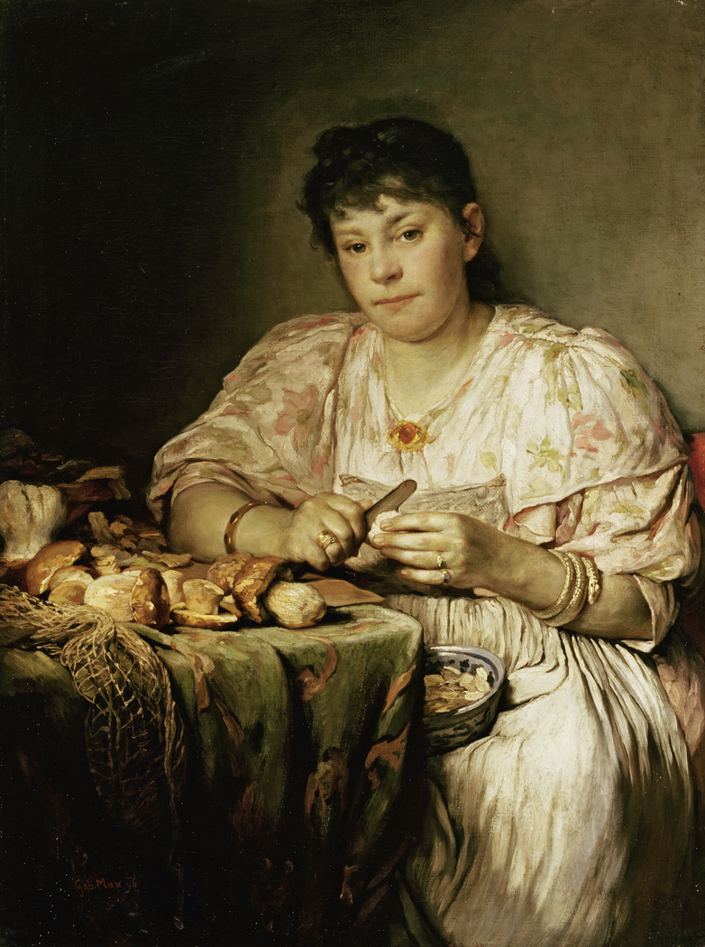 Ernestine von Max, die Frau des Künstlers, Pilze schälend