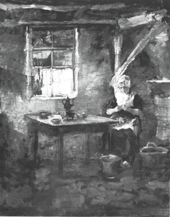 Farm interior with woman peeling potatoes by Piet Mondrian