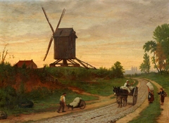 Figures on a Road by a Windmill by Pierre François Joseph Tonneau