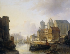 Imaginary View of a Riverside Town with Aachen Cathedral by Kasparus Karsen