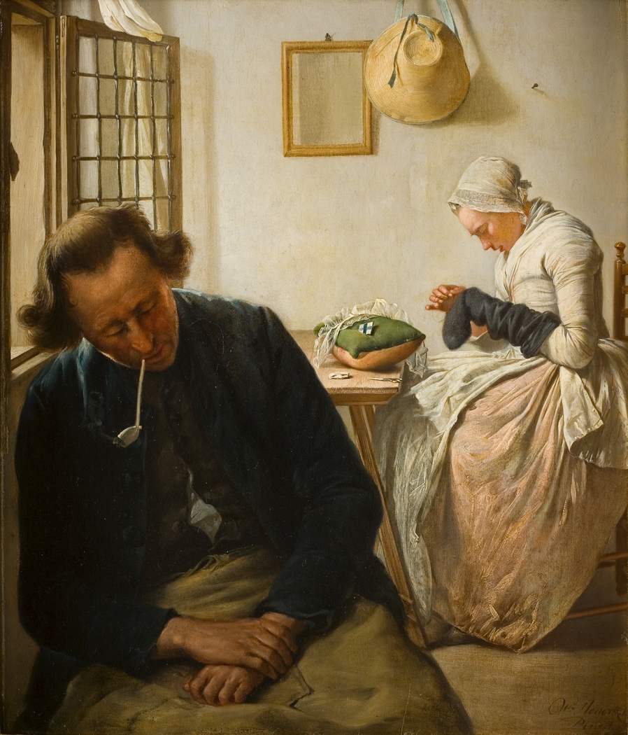 Interieur met een slapende man en een vrouw die sokken stopt