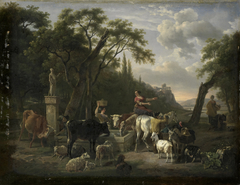 Italian Landscape with Shepherds and Animals at a Fountain