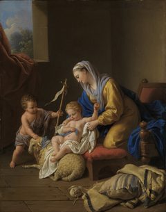 La Vierge amuse l'enfant Jésus, le petit Saint Jean avec un mouton