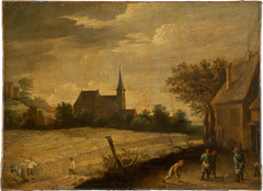 Landscape with Peasants Mowing and Bowling by Anonymous