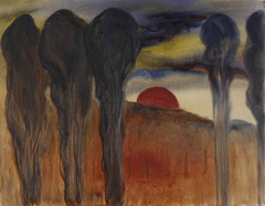 Landschap ondergaande zon, 5 bomen by Karel Albert Schmidt