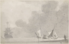 Marine met rechts twee vissersboten, op de achtergrond een tweemaster by Johannes Christiaan Schotel