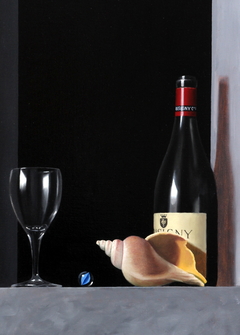 Musiny Wine Bottle, oil on canvas 40x60cm by Erling Steen
