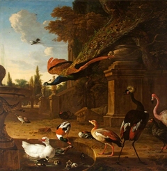 Ornamental Fowl in and beside a Pond in a Park, with a Peacock in Flight