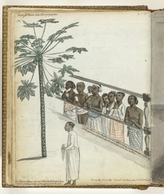 Papajaboom, rechtzoekenden bij de Dessave en een 'hennikap' of vrije bediende te Colombo by Jan Brandes