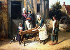 Paysans occupés à préparer le chanvre devant la porte d'une chaumière by Pierre Duval Le Camus