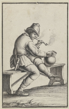 Pijprokende man met kruik zittend op een houten bank by Unknown Artist