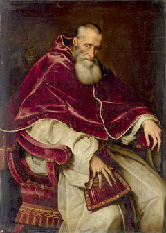 Portrait of Alessandro Farnese, Pope Paul III, seated three-quarter-length, in papal robes by Scipione Pulzone