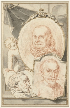 Portretten van Roelant Savery, Frans Snijders en Theodoor Rombouts by Jacob Houbraken