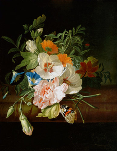 Posy of flowers, with a red admiral butterfly, on a marble ledge by Rachel Ruysch