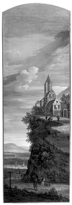 Rivierlandschap met kerkdorp op steile rots by Pieter Jan van Liender
