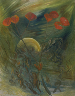 Rode bloemen (papavers?) bij maanlicht by Karel Albert Schmidt