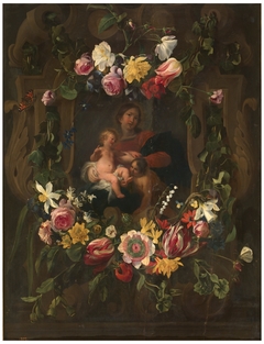 Sculpted cartouche adorned with flowers with a representation of the Virgin and Child with Saint John by Daniel Seghers