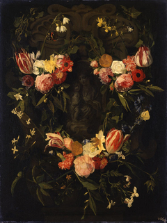Sculpted cartouche adorned with flowers with a representation of the Virgin and Christ Child by Daniel Seghers