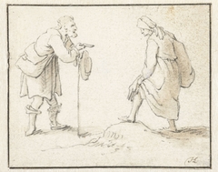 Staande man en vrouw, met elkaar in gesprek by Herman Saftleven