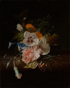 Still life of carnations, hibiscus, morning glories, and other other flowers on a ledge, with a butterfly