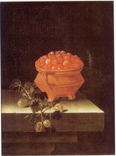 Still life with a bowl of strawberries and a spray of gooseberries by Adriaen Coorte
