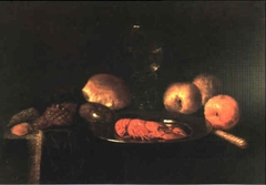 Still life with crayfish on a pewter plate, roemer, bread, shells, and oranges