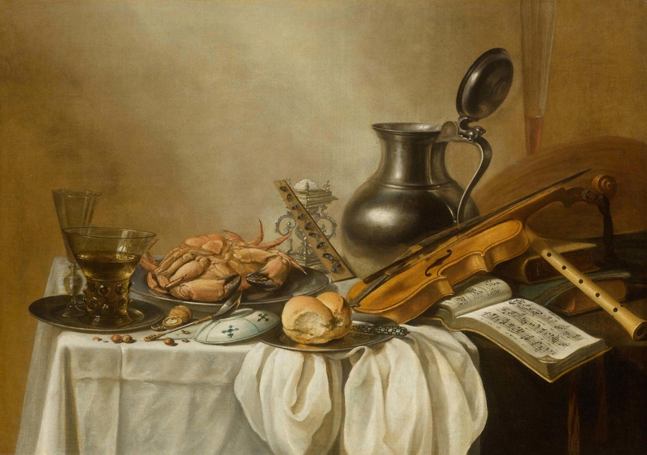 Still life with rummer, wine glass, crab and bread on a platter, with a violin and a flute on a table, 1644
