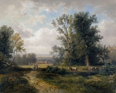 Summer landscape with peasants and cows