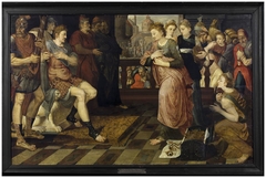 The Queen of Sheba comes before Solomon with a large following bringing numerous gifts (1 Kings 10:1-2 ; 2 Chronicles  9:1-2) by Frans Floris I