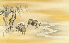 Three Black Buffalo under a Willow Tree by a Stream by Kanō Tanshin