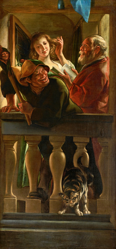 Trompe l'oeil door piece of a jester making fun at a balcony, with a young woman preening herself as an old man reads and a cat hisses below by Jacob Jordaens