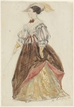 Vrouw in rijkostuum, met hoed op en zweep in de hand by Charles Rochussen