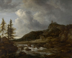 Waterfall with mountain top castle and cottage with figures along a road