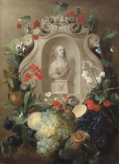 Weibliche Büste in Blumen- und Fruchtgirlande by Jan van den Hecke