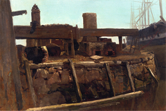 Wharf Scene with Ship at Dock