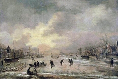 Winter landscape with houses by Aert van der Neer