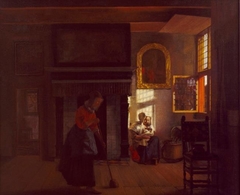 Woman and child by a window, with a maid sweeping by Pieter de Hooch
