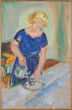 Woman in a Blue Dress Pouring Coffee
