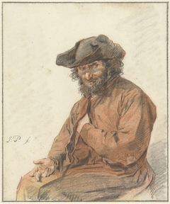 Zittende man met lange krullende haren en zwarte hoed by Jacob Perkois