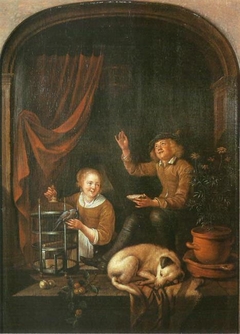 A Boy and a Girl in a Window with a Dog