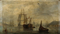 A hulk with paddle-steamers and other vessels in a mountainous bay by Anonymous