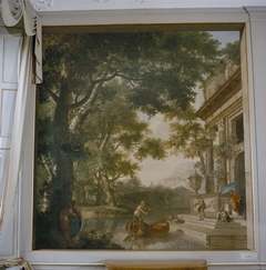 A lady and attendents embarking from a classical building by Jurriaen Andriessen