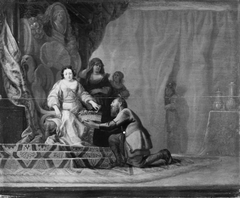 A Peasant Handing a Fruit Basket to an Enthroned Woman