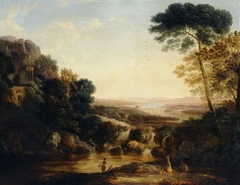 A Romantic River Landscape with a Waterfall by attributed to Sir George Howland Beaumont