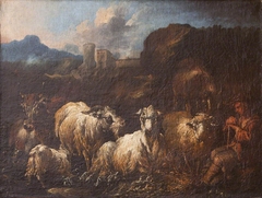 A Shepherd Boy with Sheep, Goats and Cattle by Philipp Peter Roos