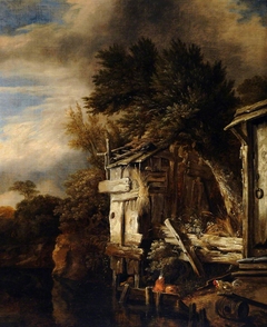 A Wooded River Landscape with Poultry by a Hut